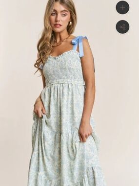 Blue Floral Tie-Shoulder Maxi Dress Empire Neck Line Tiered Maxi